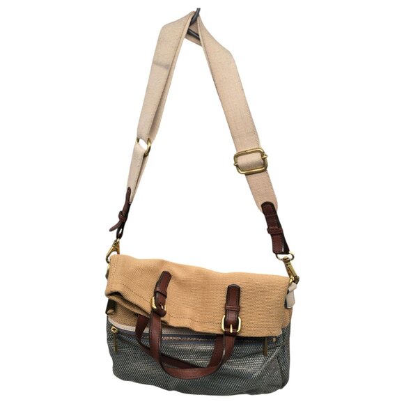 FOSSIL Explorer Woven Straw Triple Zip Hipster Crossbody Handbag Blue Beige EUC - Picture 5 of 16